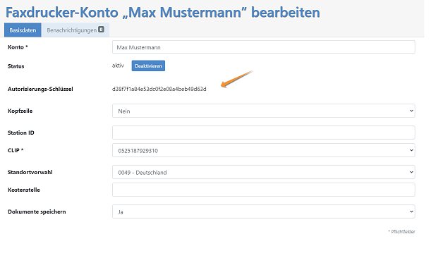 Faxdruckerkonto bearbeiten
