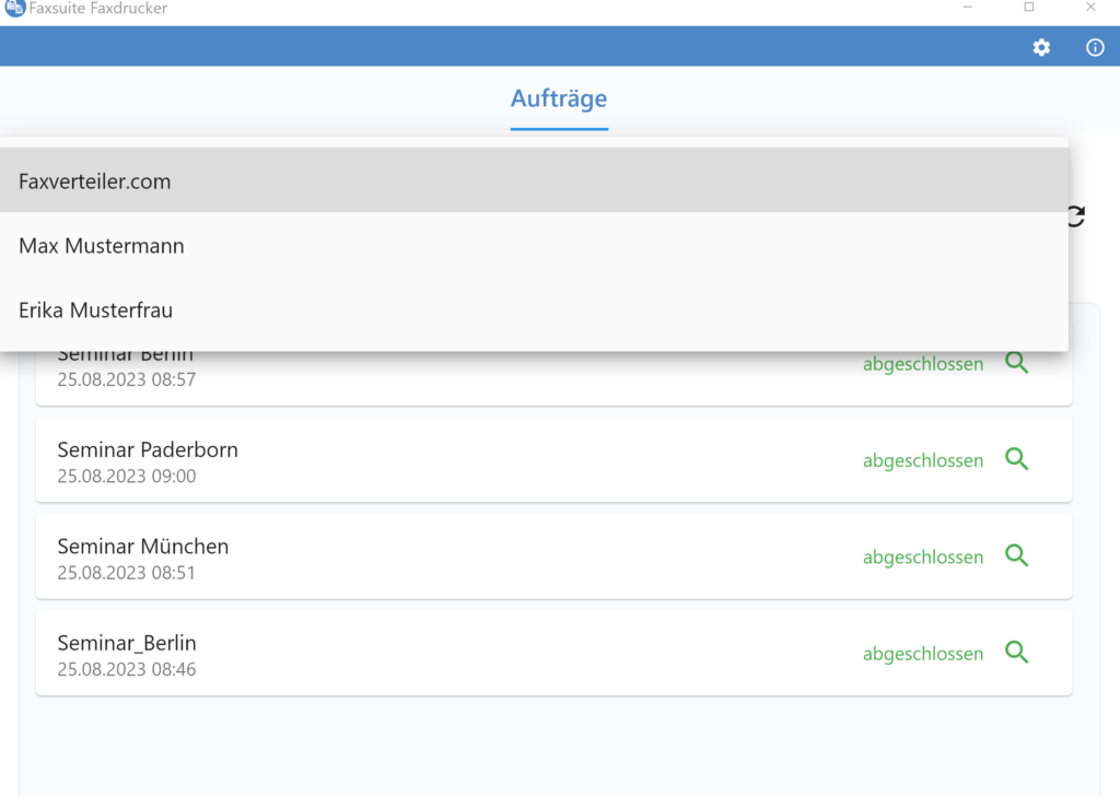 Faxsuite-Faxdrucker APP – Konto auswah – Erika Mustermannl