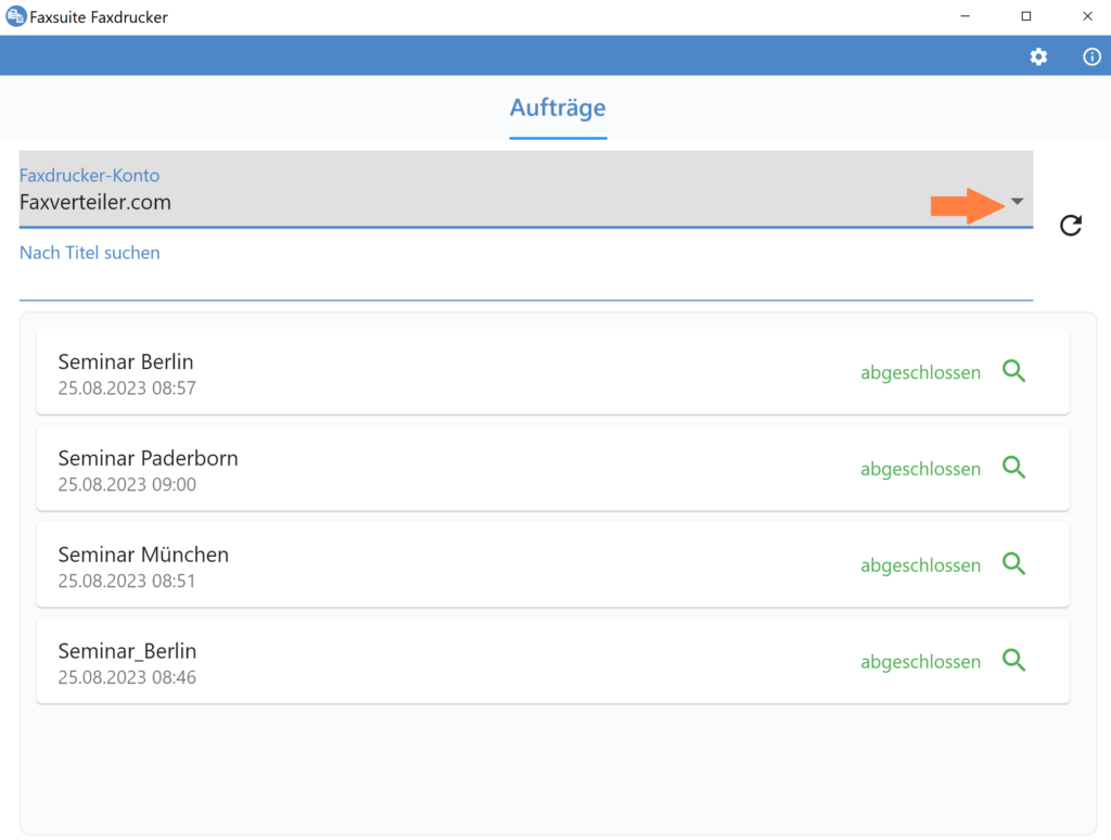 Faxsuite-Faxdrucker APP – Konto auswahl
