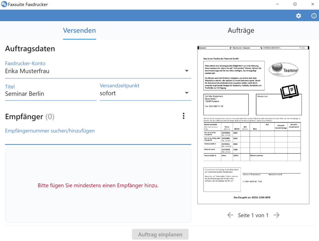 Faxsuite-Faxdrucker-Erika Mustermann