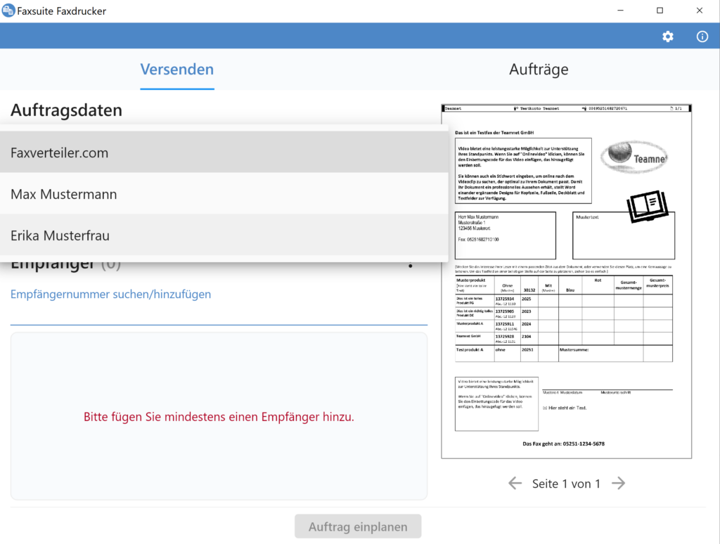 Faxsuite-Faxdrucker-Konto auswählen-Erika Mustermann
