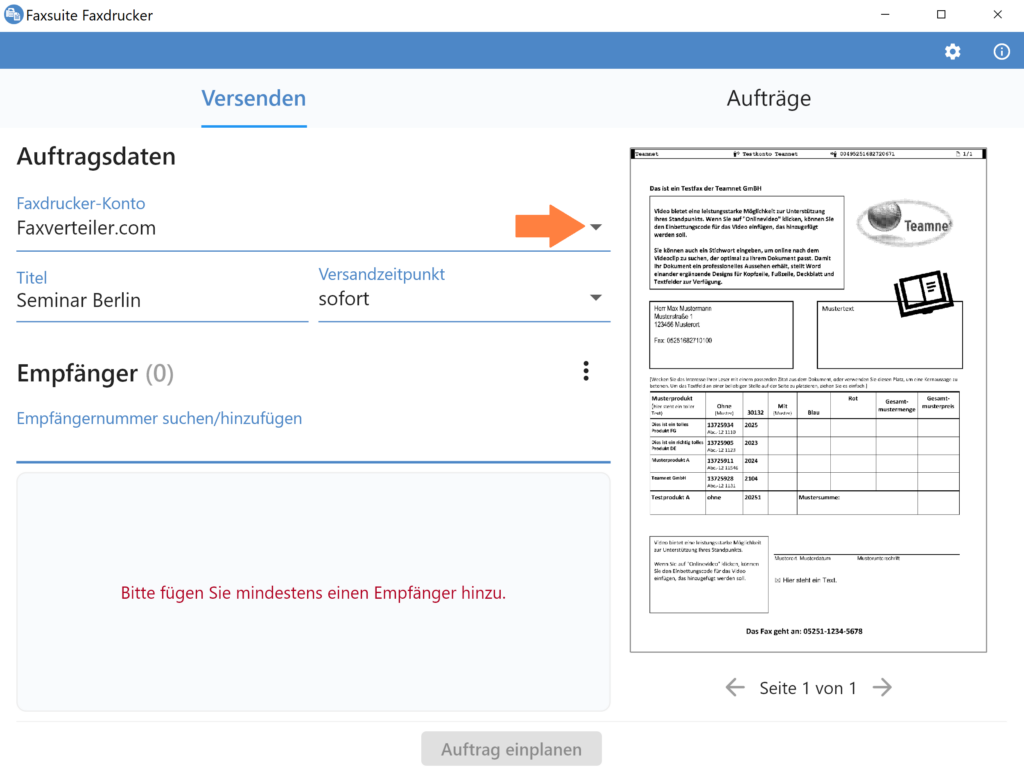 Faxsuite-Faxdrucker_Faxdrcuker-Konto auswählen