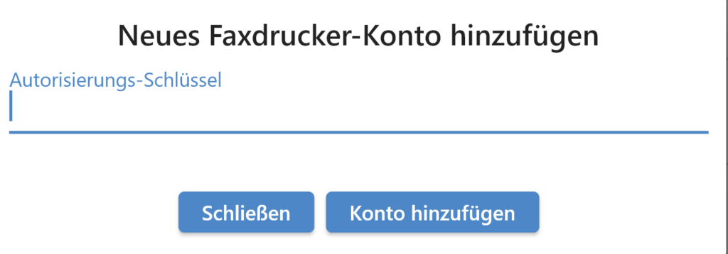 Faxsuite-Faxdrucker_Konto hinzufügen_Autorisierungsschlüssel